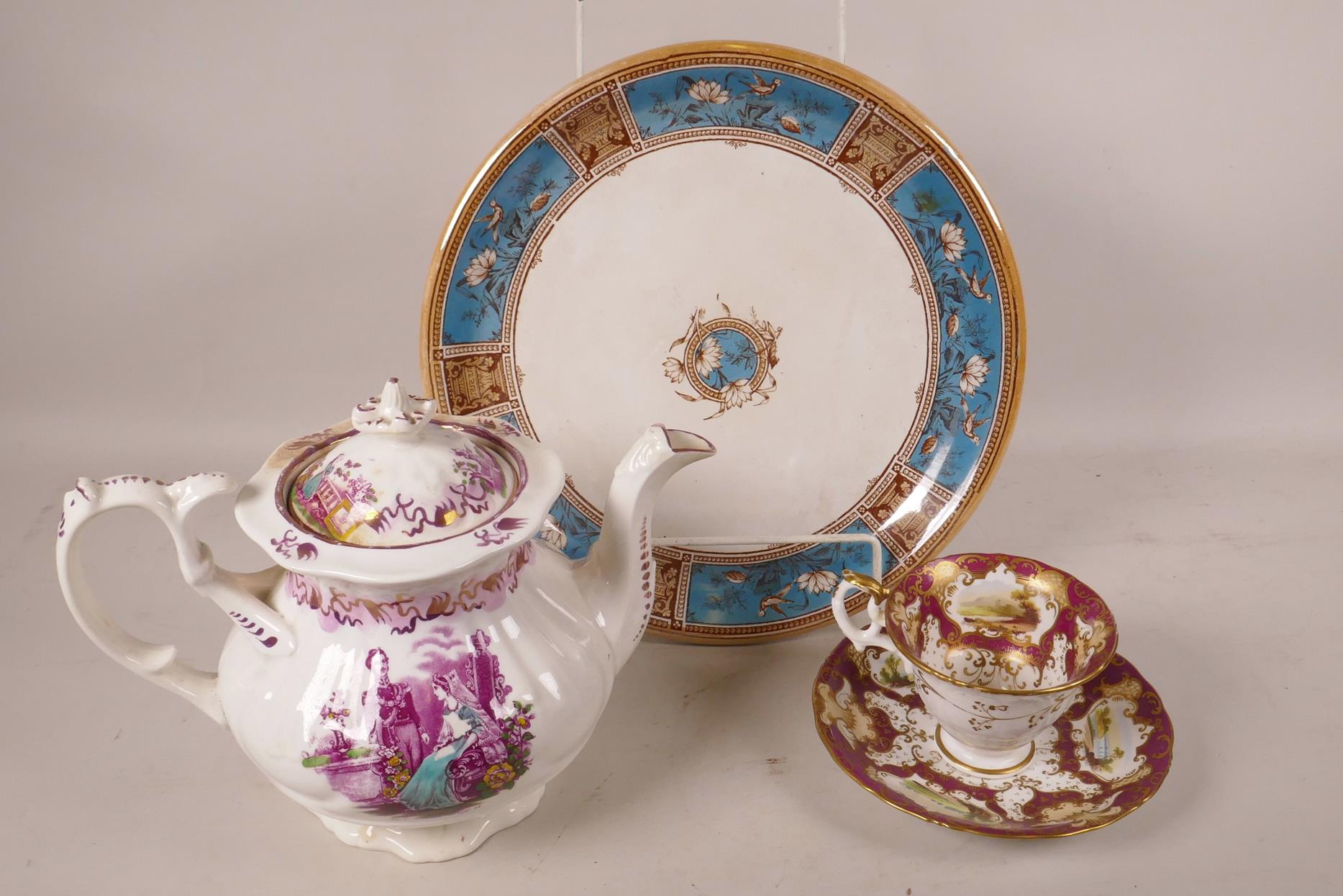A C19th Edge Malkin porcelain cheese stand, the border printed with classical urns, birds and