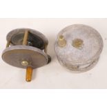 An early J.W. Young & Sons aluminium chalk stream trout fishing reel (corroded), 2½" diameter,