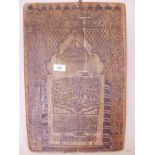 A wood panel with penwork decoration and Islamic script, 19" x 13"
