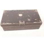 A vintage black metal fishing tackle box with fitted interior, 9" x 5" x 3"