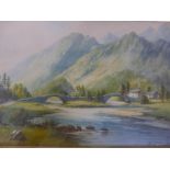 Milton Drinkwater, mountain landscape with bridge over a river, signed, 17" x 11"