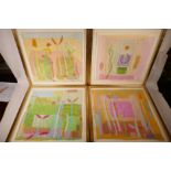 A set of four textile artworks titled 'Bloom', 'Seed', 'Garden' and 'New Growth', 16" x 16"