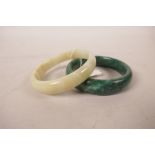 A green hardstone bangle and an agate bangle, 3" diameter