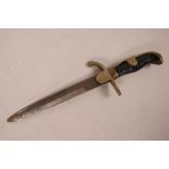 A French spear point dagger with carved handle and brass mounts, 12½" long