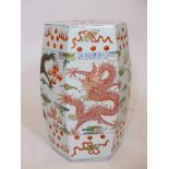 A Chinese famille verte ceramic garden stool with red dragon decoration, A/F, crack to base, 20"