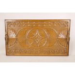 A carved oak tray with brass handles, 15" x 26"