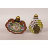 A Chinese polychrome porcelain snuff bottle and another, character marks to base, 2½" wide largest