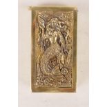A brass vesta case with raised decoration of a mermaid, 2" high