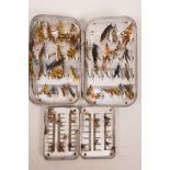 A Hardy Bros aluminium fly tin containing many flies, together with a smaller similar box by the