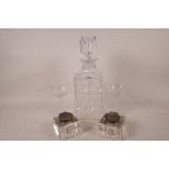 Two Victorian square glass inkwells with hallmarked silver covers, 2¾" square, one A/F, together