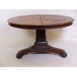 A C19th mahogany tilt top breakfast table, raised on shaped column and platform base, 52" x 30", A/F
