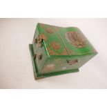 A Chinese green lacquered vanity box with rising mirror and three drawers, with gilt and dragon