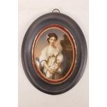 A Victorian hand painted porcelain portrait plaque of a lady in front of a fountain, 3½" x 4½"