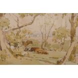 Robert Little, landscape with cattle and distant lake, signed watercolour and ink, 8" x 11"