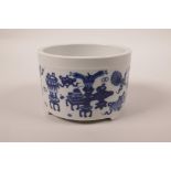 A Chinese blue and white porcelain cylinder censer, 6 character mark to base, 3" high x 4½" diameter