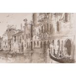 Venetian gondola scene, indistinctly signed lower right, pen and wash on paper, 14" x 21"