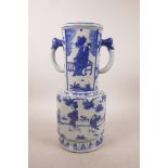 A Chinese blue and white pottery two handled vase decorated with figures in a garden, 6 character
