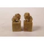 A pair of Chinese carved soapstone seal blanks with fo dog knops, 1½" high