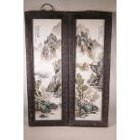 A pair of Chinese polychrome porcelain panels decorated with a riverside mountain landscape, mounted