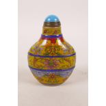 A Peking glass snuff bottle with enamelled floral decoration, 4 character mark to base, 3" high