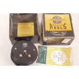 A J.W. Young & Sons 'Pridex' 4" fly fishing reel complete with original box and core instruction and