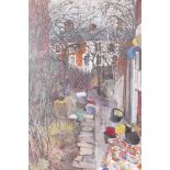 Geoffrey Underwood, back garden, Rugby, acrylic on board, signed and dated 82, 24" x 31"