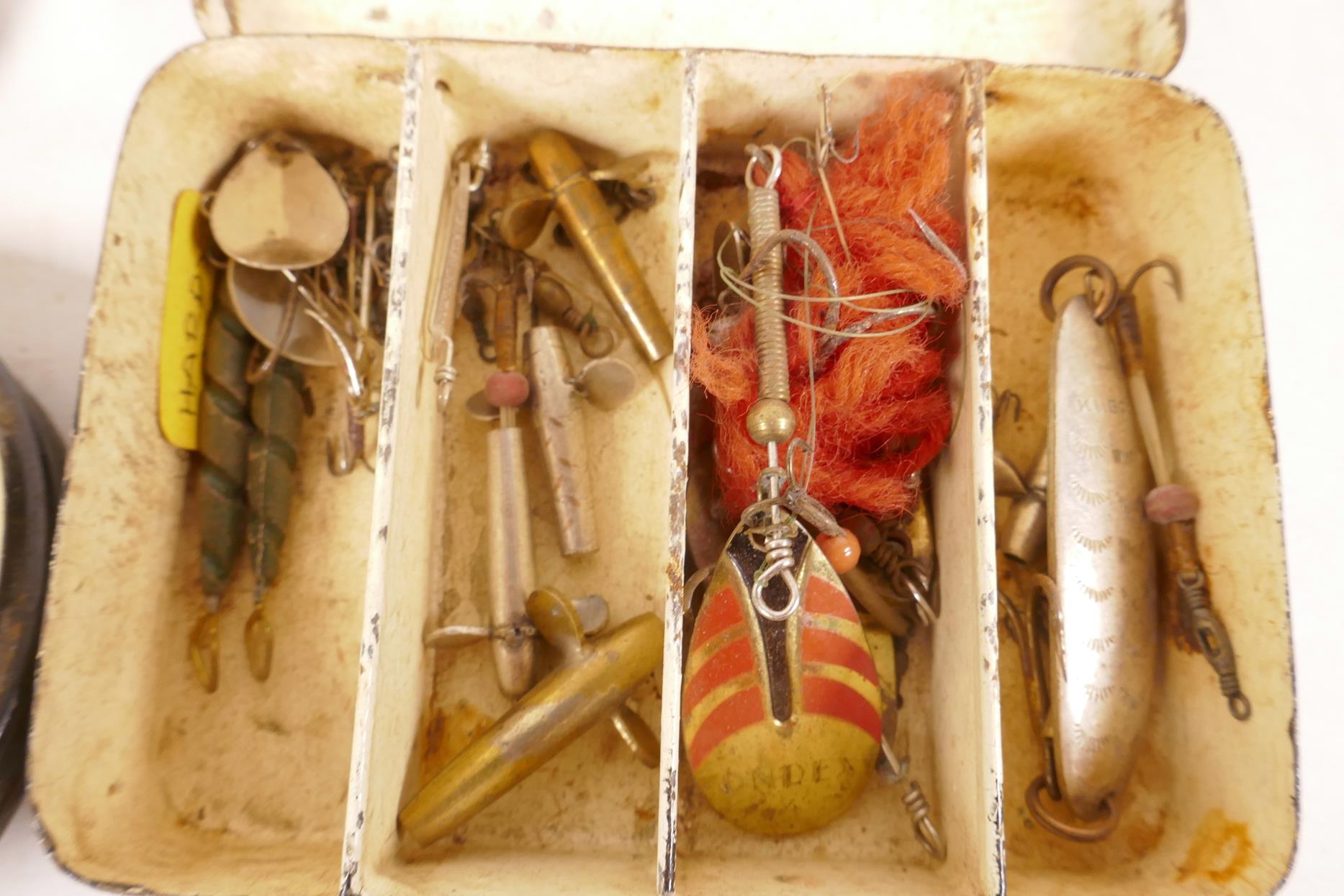 A small vintage lure box, 4¼" x 3" x 1", containing various lures, together with a round Chas Farlow - Image 3 of 8