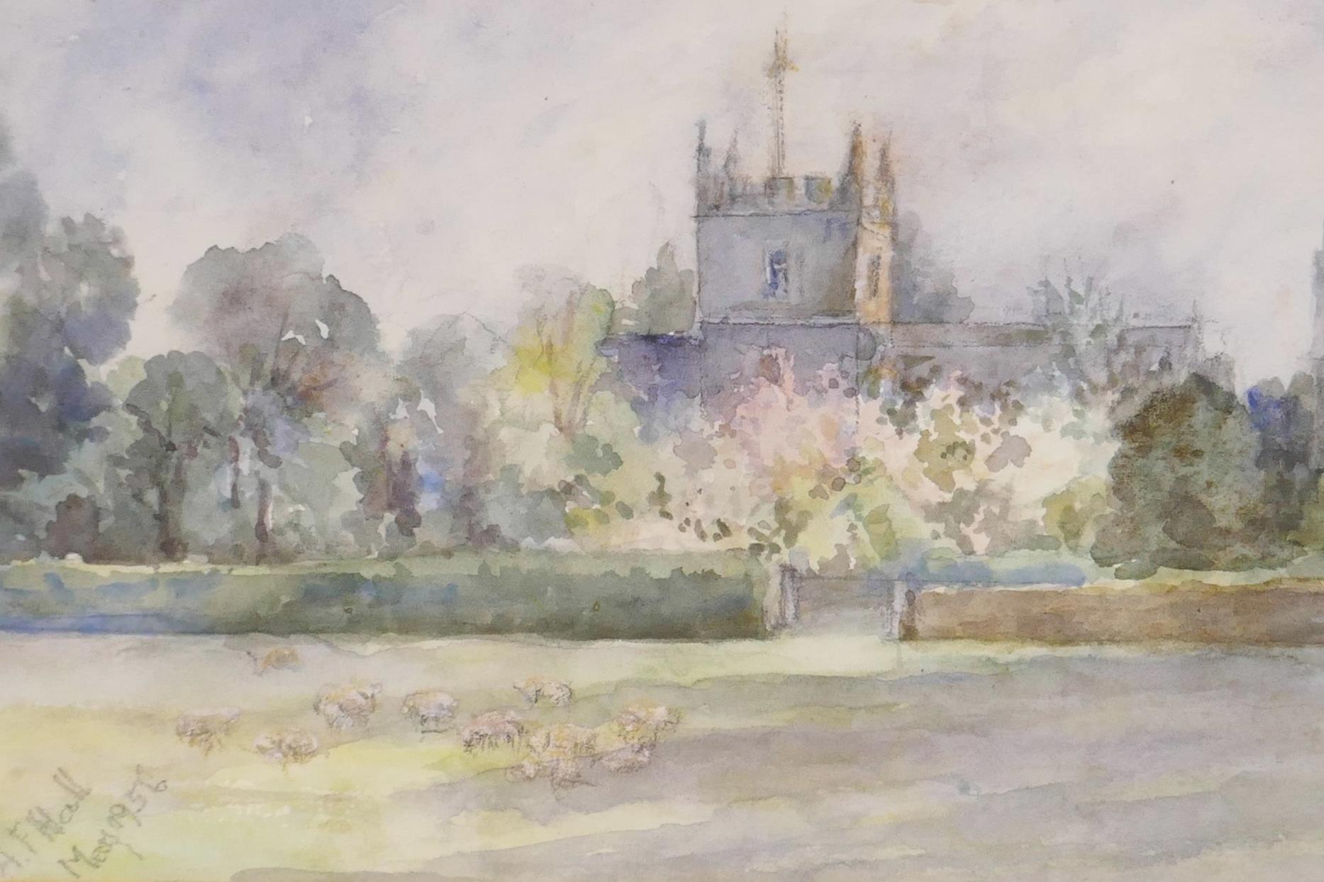 A.F. Hall, sheep grazing near a church, 1956, watercolour, 9" x 6"