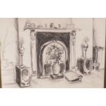 A charcoal sketch of an interior, indistinctly signed, 15½" x 12"