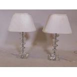A pair of contemporary crystal glass table lamps with pleated shades, 20" high