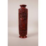 A Chinese Cinnabar lacquer style cylinder vase with decorative panels, seal mark to base, 12½" high