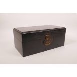 A Chinese ebonised hardwood box with brass latch, 10" x 5" x 4½" high