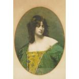 A hand coloured portrait engraving of a Pre-Raphaelite lady in green robes, 12" x 17"