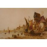 W. Allsebrook, 1916, port scene with a figure on the shore, watercolour, 17½" x 11"