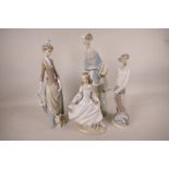 Three Lladro porcelain figures of ladies together with a figure of Don Quixote, tallest 14½" (