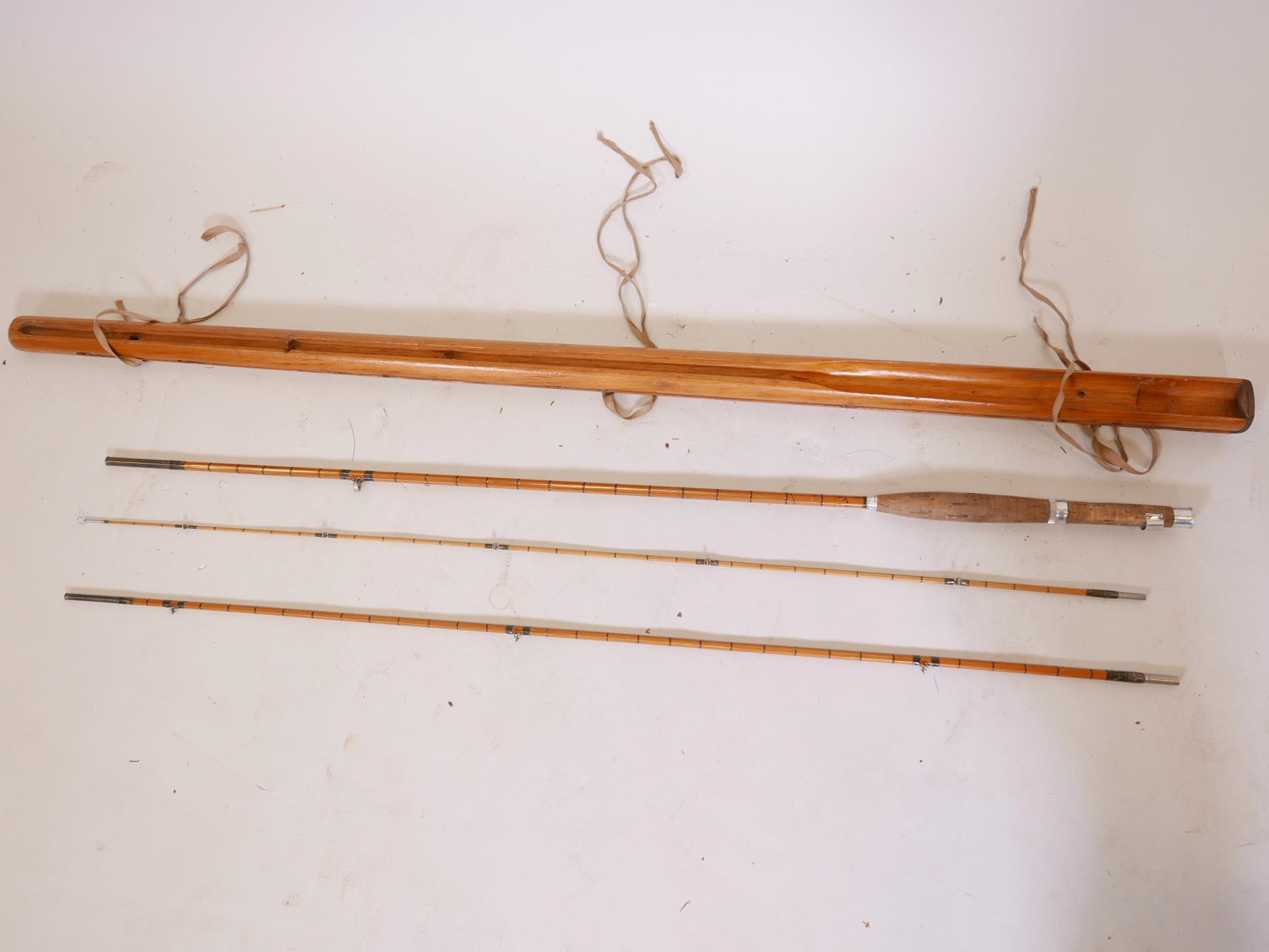A Hardy Bros split cane three section fly fishing rod by Mark Palakona in a wooden case and original