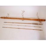 A Hardy Bros split cane three section fly fishing rod by Mark Palakona in a wooden case and original