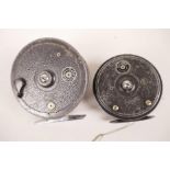 Two vintage J.W. Young & Sons salmon fishing reels, a Seddex, 4" diameter and a Pridex