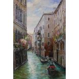 Venetian backwater with gondolas, oil on canvas, in a good gilt frame, 20" x 40"