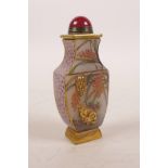 A Chinese glass snuff bottle with enamelled and gilt decoration of birds and flowers, 6 character