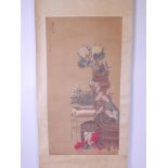 A Chinese watercolour scroll depicting objects of virtu, 37½" x 20"