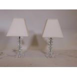 A pair of contemporary crystal glass table lamps with shades, 20" high