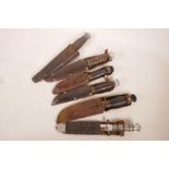 Six vintage sheath knives with composite handles, longest 11"
