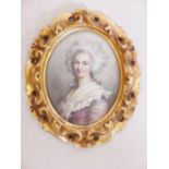 A portrait of a woman in C18th dress, mounted in a gilt frame, watercolour, frame 6" long