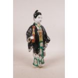 A Japanese porcelain figure in a black robe, A/F repair, 10" high, and a Japanese porcelain bottle