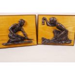 D. Bramley, two cold cast wall plaques of coal miners mounted on a wooden backing, 9" x 7½"