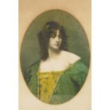 A hand coloured portrait engraving of a Pre-Raphaelite lady in green robes, 12" x 17"