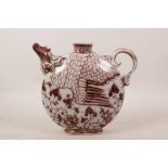 A Chinese red and white porcelain phoenix shaped flask, 7" high
