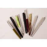A collection of nine fountain and ball point pens including Blackbird, Parker etc