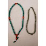 A string of spinach jade beads, and a string of turquoise style mala beads, longest 24"